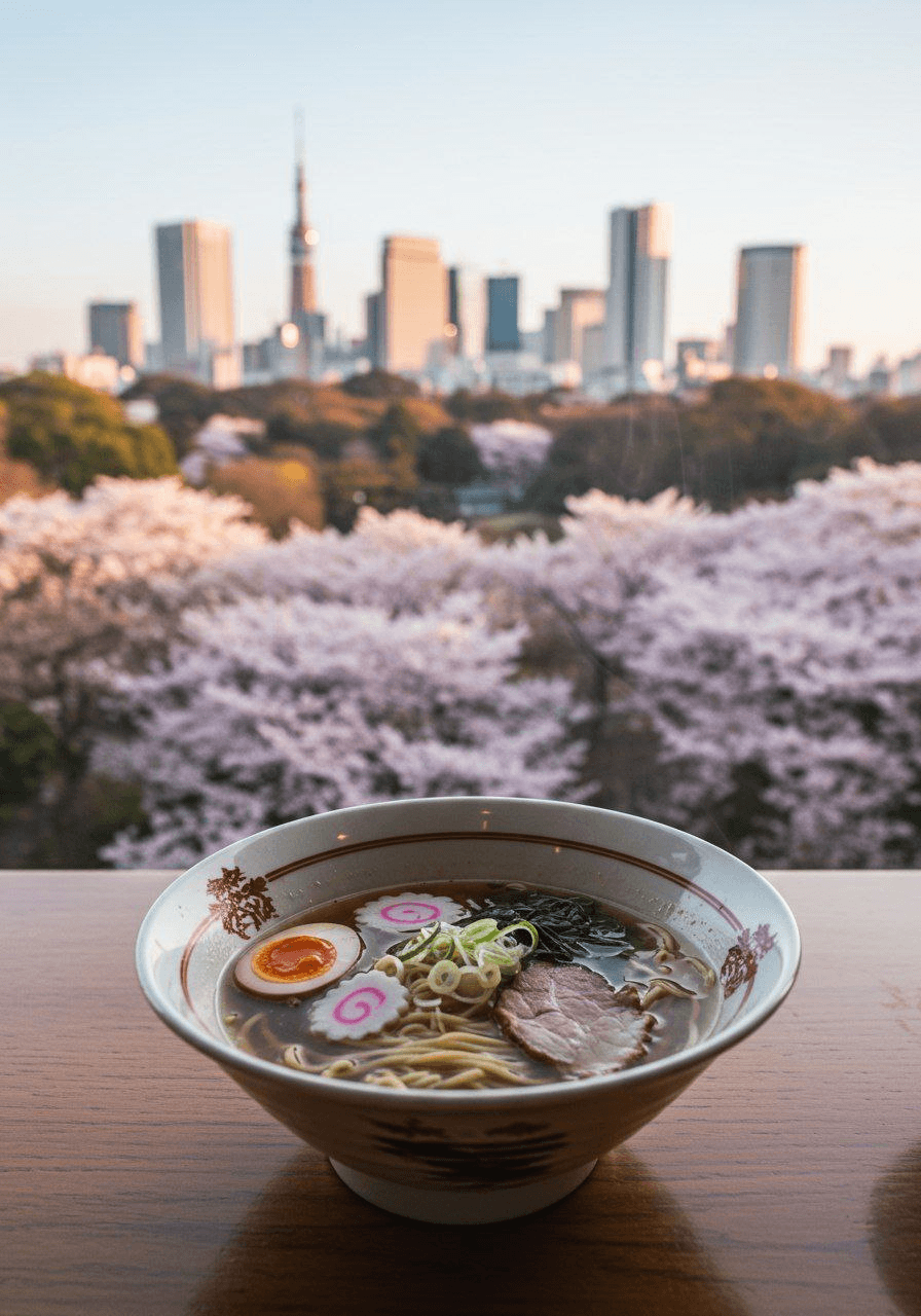 Рамен с видом на Токио и сакуру