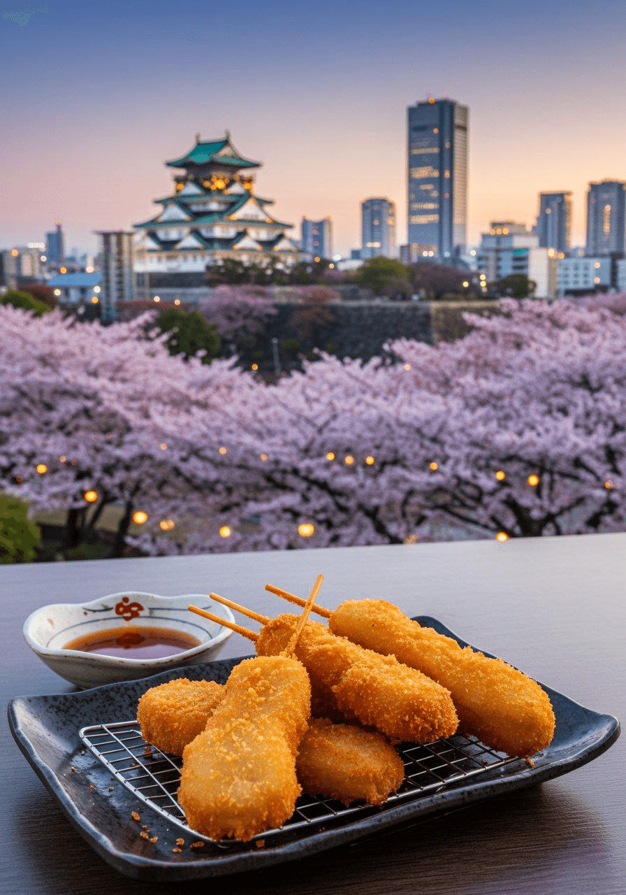 Кусикацу с видом на замок Осака